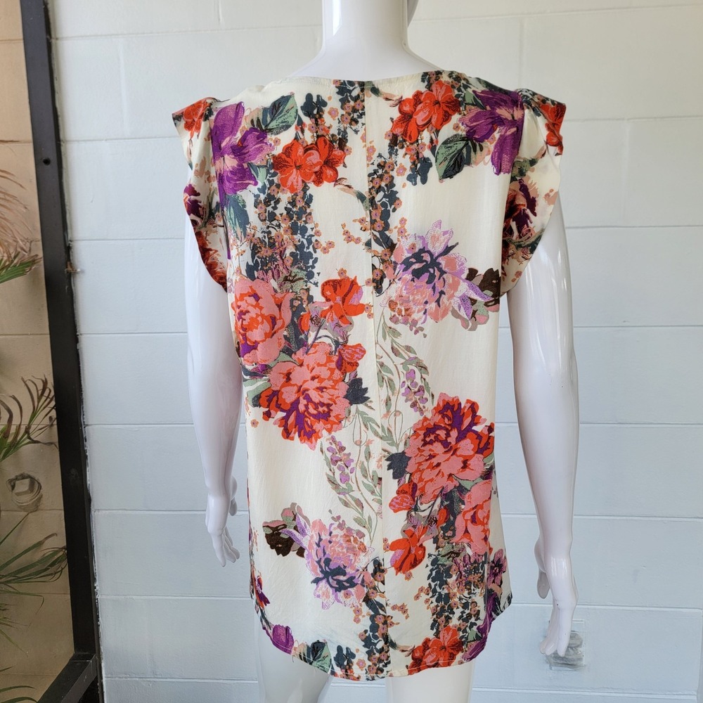 Andree by Unit Floral Cap Sleeve Blouse Women's L Ivory Red Boho Chic Retro Top - Picture 3 of 10